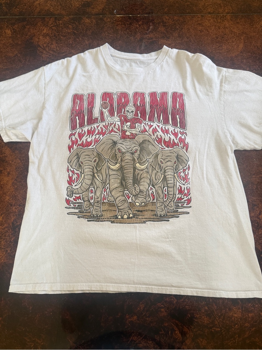 NCAA White Tee with Crimson Alabama Elephant Graphic